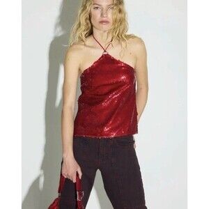 Red Sequin Halter Tank Top Sparkly Party Wear Lined Eye-Catching Size 6